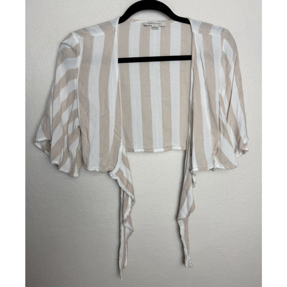 American Eagle Outfitters Tops - American Eagle Cream Striped Tie Crop Top Bell Sleeves Size S Lightweight